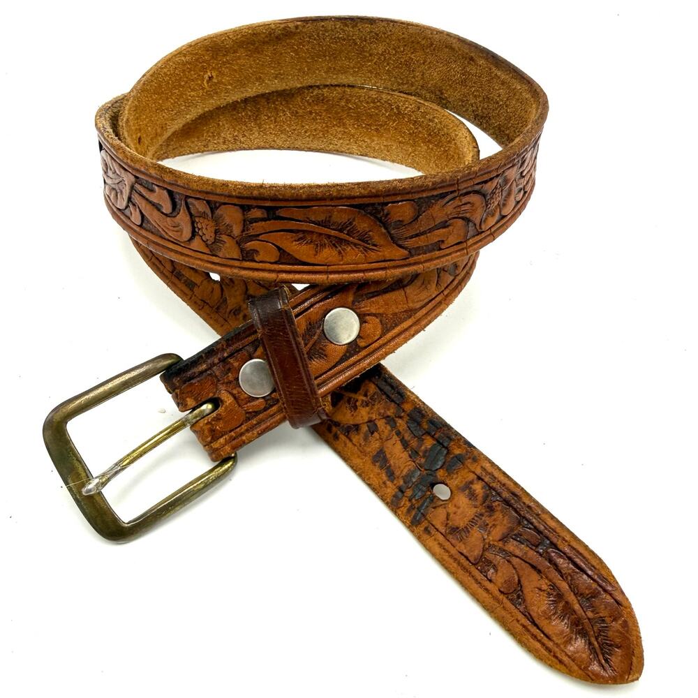 Vintage Tooled Leather Skinny Belt 28 Brown Distressed Western Cowboy Cowgirl